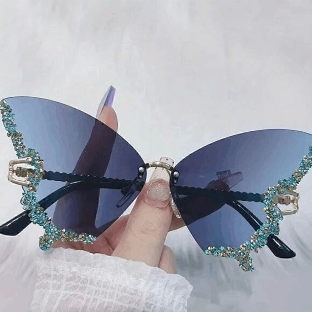 🦋✨ Rhinestone Diamond Butterfly Rimless Y2K Shades Sunglasses NEW - Picture 9 of 15